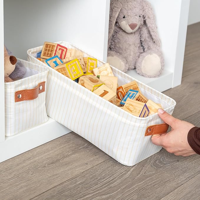 OrganiHaus 15x6in Canvas Storage Baskets 2 Pack | NARROW Fabric Bins for Shelves | Bathroom & Toilet Paper Organizer | White Striped Brown
