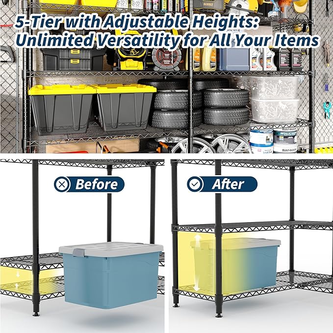 70" H 5-Tier Metal Storage Rack, Heavy Duty Wire Shelving Unit with Adjustable Shelves, 1325 Lbs Capacity for Kitchen, Pantry, Bedroom, or Corner Organization