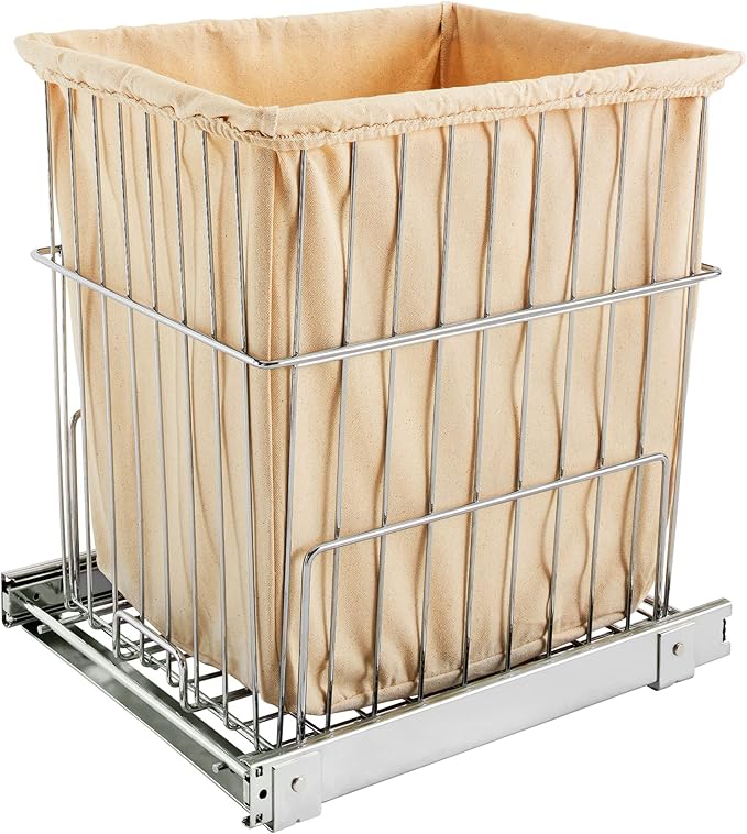 Rev-A-Shelf 20 In Pullout Clothes Laundry Hamper, Steel Mounted, Chrome, HRV-1520 S CR - Hidden Pull Storage Basket Organizer for Deep Cabinet Floor and Bathroom
