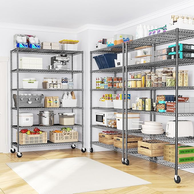 Romorgniz 82" H X45 W X18 D Storage Shelves with Wheels, 6 Tier Wire Shelving Adjustable Metal Shelving Pantry Shelves Capacity 1200LBS for Garage, Pantry, Kitchen, Closet,Black,3P