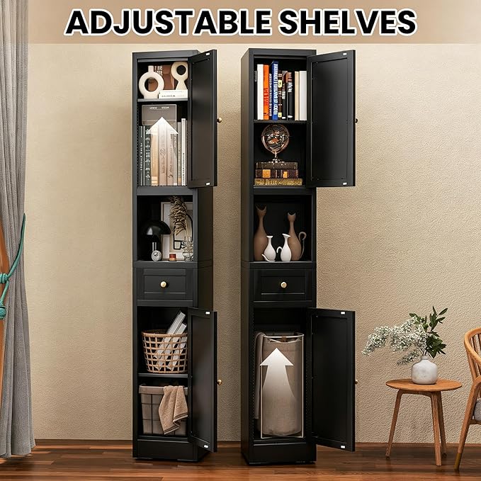 71 Inch Tall Narrow Bathroom Storage Cabinet, Slim Metal Freestanding Floor Cabinet with Doors, Adjustable Shelves, Drawer & Open Shelf, Bathroom Organizer for Small Spaces, Black