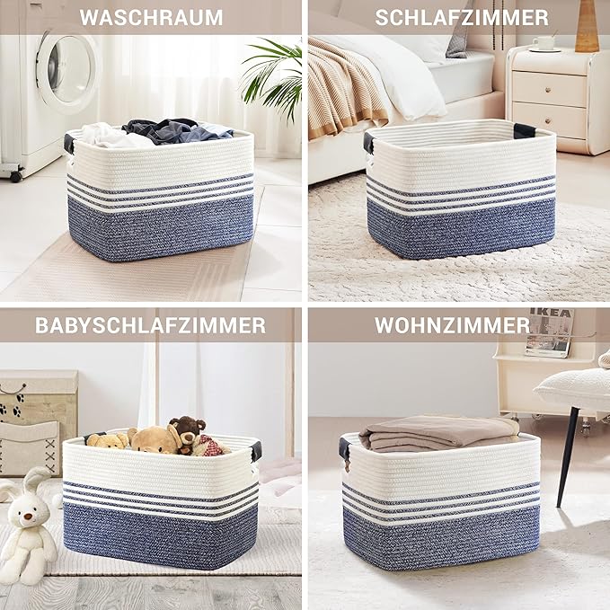 86L Extra Large Laundry Basket with Leather Handles for Living Room Storage, Woven Rope Baskets for Blanket, Kids Toy, Gifts, Wicker Hamper for Bedroom Dirty Clothes, 24"x16"x14" Denim Blue
