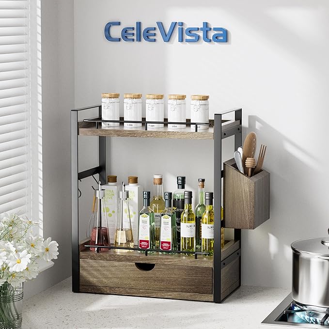 2-Tier Wood Bathroom Counter Organizer, Countertop Organizer with Drawer and Storage Basket, Bathroom Sink Organizer for Vanity, Skincare, Makeup, and Daily Essentials (Dark Brown)