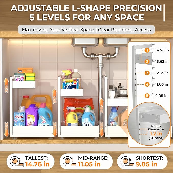 Under Sink Organizer, Kitchen & Bathroom Storage Solution with L-Shaped Design Fits Around Pipes, 2-Tier Slide-Out Metal Drawer, Adjustable Height for Cabinet Laundry Organization (Cream White)