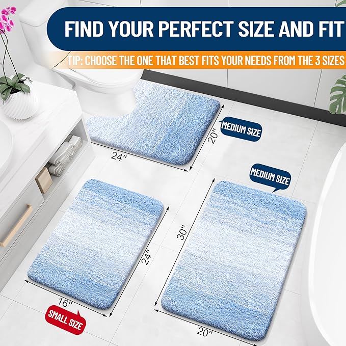 OLANLY Bathroom Rug Set 2 Piece, Soft Absorbent Microfiber Bath Rug Set, Non-Slip, Machine Wash Dry, Plush Shaggy Bath Mats for Bathroom (30"x20"+24"x16", Light Blue)