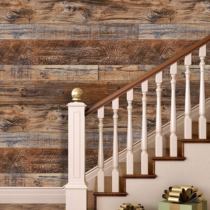 WENMER 11.8" x 197" Brown Wood Wallpaper Peel and Stick Wallpaper Shiplap Self Adhesive Wall Paper Wood Contact Paper for Cabinet Countertop Shelf Drawer Wall Door