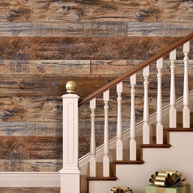 WENMER 23.6" x 197" Brown Wood Peel and Stick Wallpaper Shiplap Self Adhesive Wallpaper Wood Plank Wall Paper for Cabinet Countertop Shelf Drawer Wall Door