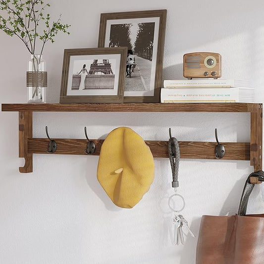 AMBIRD Coat Rack Wall Mount with Shelf, 28.9 Inches Coat Hooks Wall Mounted with 5 Hooks, Wall Hat Hooks for Hanging in Entryway, Living Room, Bathroom, Bedroom (Brown)