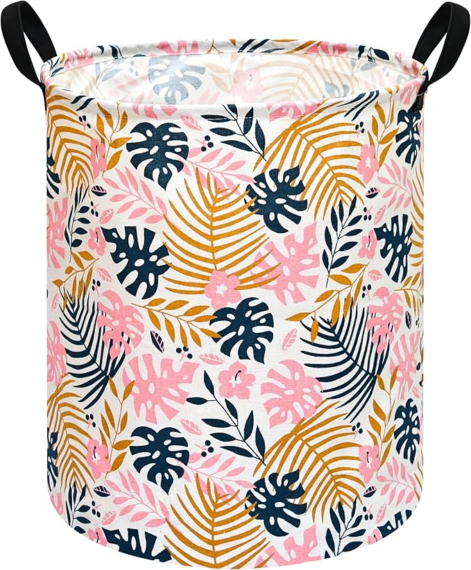 Round Pink Leaves Pattern Laundry Hamper Storage Basket Fabric Material Storage Hamper Organization Basket, Storage Bin, Gift Box with Handles for Room