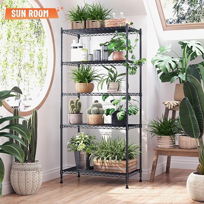 Romorgniz 5-Tier Shelf 1010LBS Storage Shelves Tool-Free Assembly,Adjustable Metal Shelving,Wire Shelving Unit for Kitchen Pantry Closet Laundry Bathroom,Black,4P