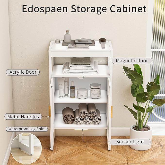 Bathroom Floor Storage Cabinet Freestanding Organizer with Sensor Light & Acrylic Doors for Bathroom, Home Office, Bedside, Sofa Side Table