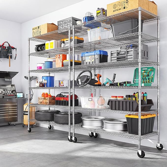 Romorgniz 82" H X45 W X18 D Storage Shelves with Wheels, 6 Tier Wire Shelving Adjustable Metal Shelving Pantry Shelves Capacity 1200LBS for Garage Shelving, Pantry, Kitchen, Closet,Chrome