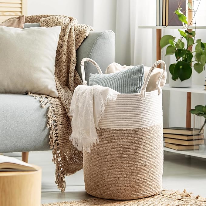 Laundry Basket – Laundry Hamper for Clothes, Blankets, Yoga Mat – Woven Cotton Rope Basket for Living Room, Nursery Room – Boho Style – 16”D x 22”H – White & Beige Brown