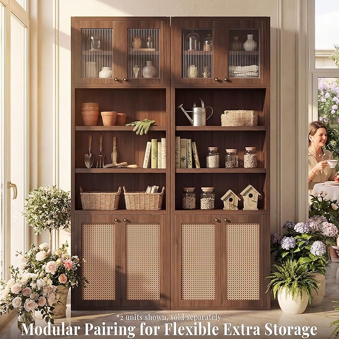 71.7" Tall Bathroom Storage Cabinet, Rattan Tall Freestanding Storage Cabinet with Doors, Adjustable Shelves and Anti-Tip Devices for Bathroom, Kitchen, Laundry Room, Walnut