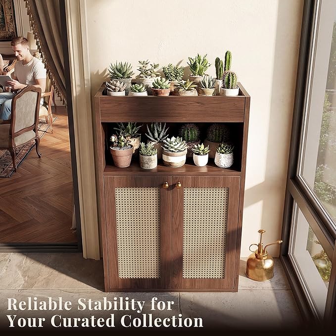 Bathroom Storage Cabinet, Rattan Freestanding Floor Organizer with Anti-Tip Devices and Adjustable Shelf, Small Cabinet for Bathroom, Kitchen, Living Room, Walnut