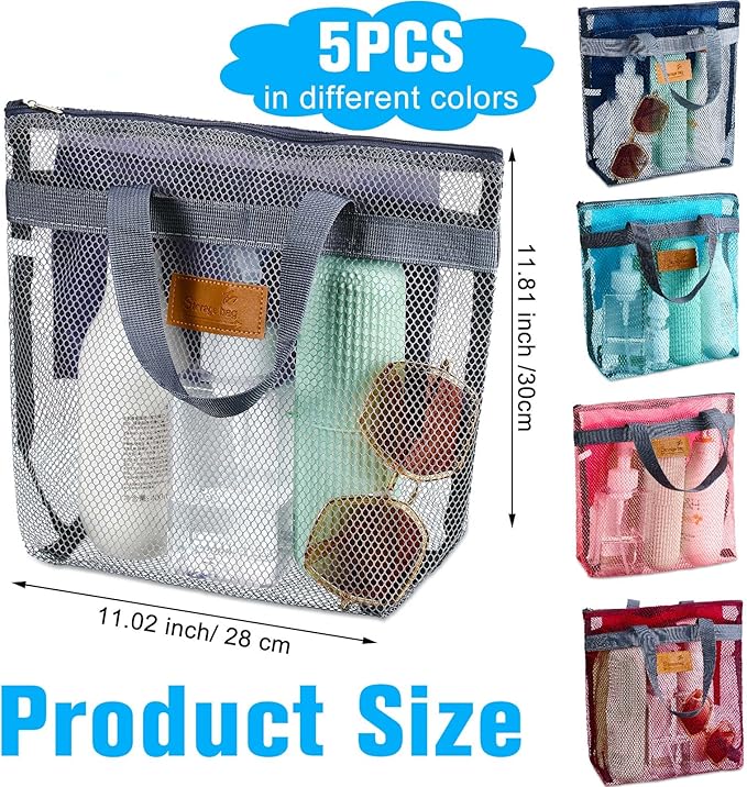 Tudomro 5 Pcs Mesh Shower Bag Caddy Tote Portable Quick Dry Tote Bag Lightweight Hanging Toiletry Bath Organizer for College Dorms Gym Swimming Beach Travel Games Sports (Gray Handle)