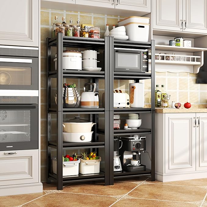 5-Tier Kitchen Shelf Organizer, Solid Metal Adjustable Storage Rack for Pots, Pans, Bottles & Pantry Goods, Space-Saving, Black (71" H x 39" W x 15.7" D)