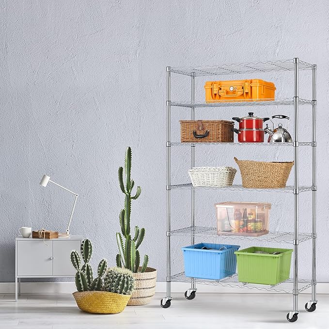 HCY 6-Tier Storage Shelf Heavy Duty Storage Shelving Unit NSF Height Adjustable Metal Storage Rack with Wheels for Laundry Bathroom Kitchen Garage Pantry Organization(Chrome) 76 * 48 * 18 inch