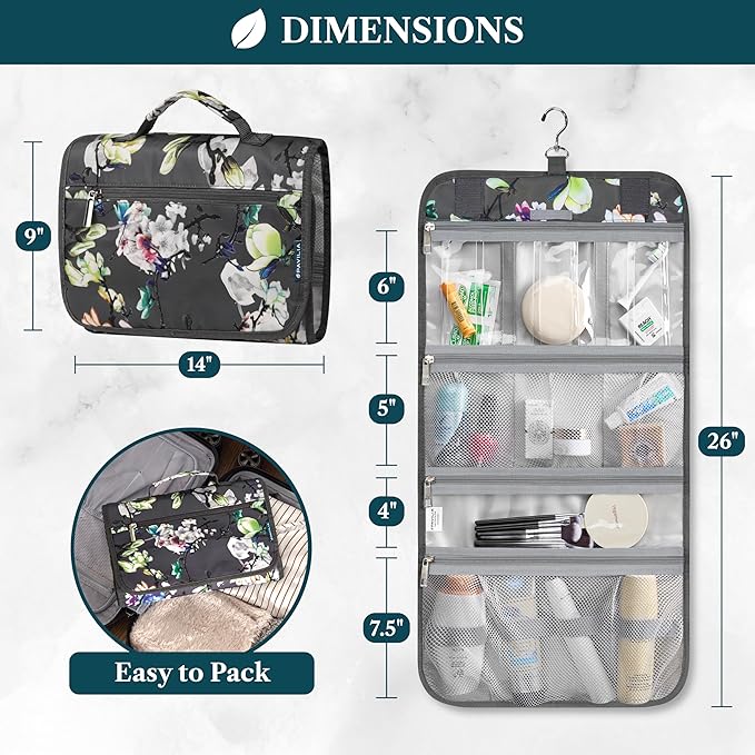 PAVILIA Hanging Toiletry Bag for Women Men, Large Foldable Toiletries Organizer with Hook, Water-Resistant Makeup Cosmetic Rollup Case, Clear Pockets for Bathroom, Gym, Cruise (Floral Grey)