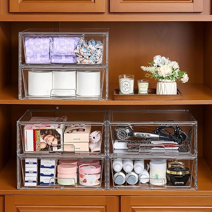 Wide Large Stackable Storage Drawers(3 Pack),Multi-purpose Clear Plastic Organizer Bins with Handles, Easy to Assemble for Bathroom Home Closet Under Sink Kitchen Pantry Medicine Cabinet