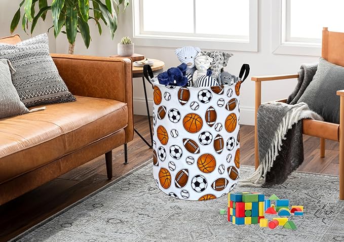 Round Colorful Basketballs Pattern Laundry Hamper Storage Basket Fabric Material Storage Hamper Organization Basket, Storage Bin, Gift Box with Handles for Room