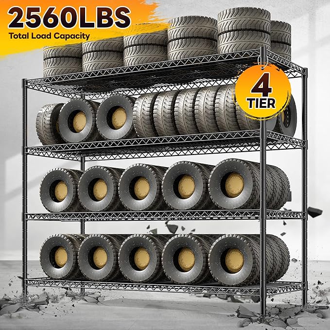 REIBII 55.5" W Storage Shelves 2560LBS Metal Shelving 4 Tier Wire Shelving Unit Garage Shelving Heavy Duty Metal Shelves for Storage Rack Commercial Adjustable Pantry Shelf, 55.5" W X 18''D X 71" H
