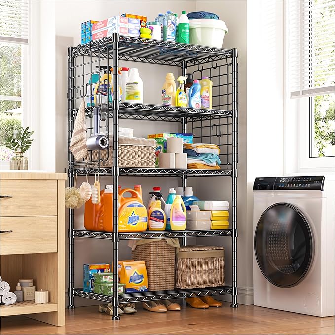 DurayLoly Storage Shelves with Hooks, Metal Shelving 5 Tier Adjustable, 2 Side Panels, Shelving Unit Easy Assemble, Storage Rack 530LBS, Wire Shelving for Kitchen, Pantry, 29.5" W x 11.8" D x 59.1" H