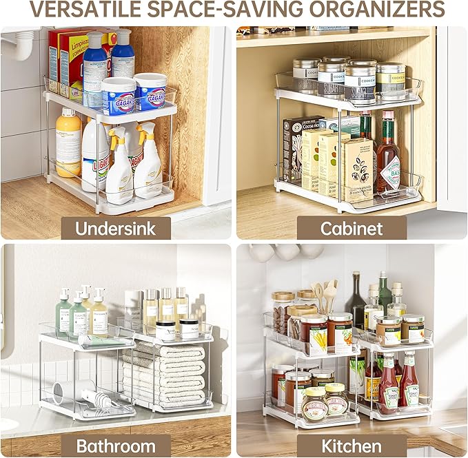 Delamu 2-Tier Bathroom Under Sink Organizers and Storage, Pull Out Cabinet Drawers with Anti-Slip Design, Multi-Purpose Storage for Kitchen, Pantry, Bathroom & Home Organization, Snowy, 1 Pack