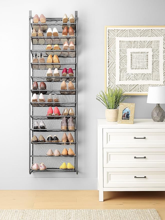 Whitmor 36 Pair Over the Door Shoe Organizer, 12 Tier Hanging Shoe Organizer, Heavy Duty Metal & Mesh Shoe Holder, Hanging Shoe Rack for Closet Organizer & Storage, 74"L x 21.7"W x 7.5"H, White