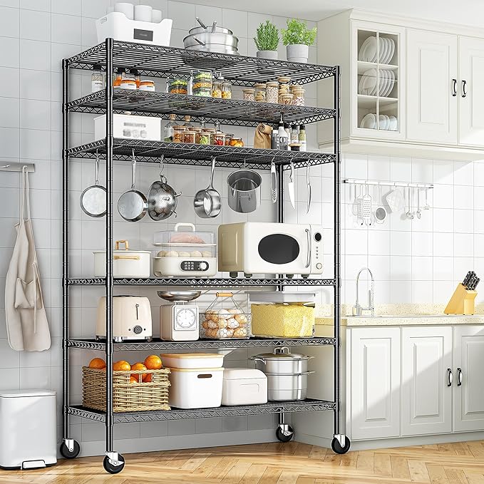 Romorgniz 82" H X45 W X18 D Storage Shelves with Wheels, 6 Tier Wire Shelving Adjustable Metal Shelving Pantry Shelves Capacity 1200LBS for Garage, Pantry, Kitchen, Closet, Black,2P