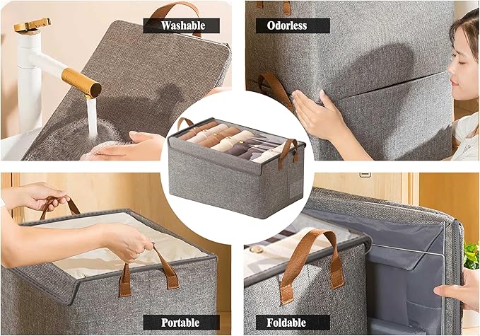 AARAINBOW Closet Clothes Organizer Bins 6 Pc, Fabric Box Storage Shelf Bins Stackable, Foldable Closet Shelf Storage Container with Lid, Fabric Storage Bin with Steel Frame, 23L (6 Gray with Lid)