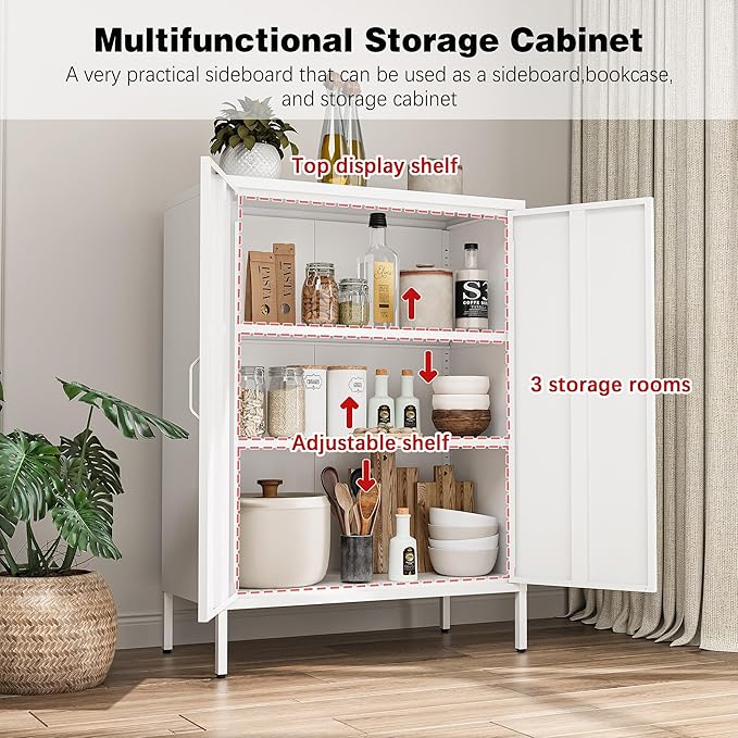 Bevivog Metal Locker Cabinet with 2 Doors, White Metal Accent Cabinets for Home Office, 40" Counter Height Storage Lockers Sideboard for Home Office Kitchen Living Room Hallway Entryway