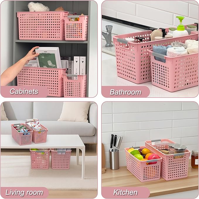 Soddeph Slim Plastic Storage Basket with Handles, Narrow Organizer box for Shelves, Organizer box for Organizing, Kitchen,Home,Office (Pink, Medium)