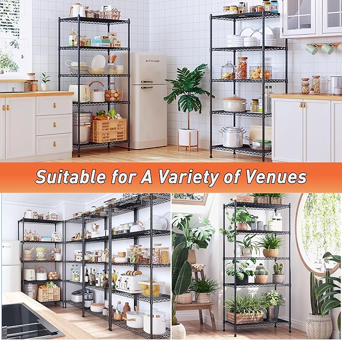 Romorgniz 5-Tier Shelf 1010LBS Storage Shelves Adjustable Wire Shelving,Tool-Free Assembly,Metal Shelving Unit for Kitchen Pantry Closet Laundry Bathroom 59" Hx21.7 Wx13.8 D,Black,2P