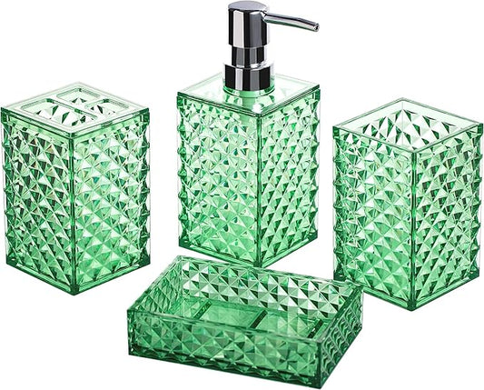 Bathroom Accessory Set, 4 PCS Green Bathroom Accessories Sets, Diamond Pattern Bathroom Soap Dispenser and Toothbrush Holder Sets Accessories Contain Soap Dish Tumbler, Boho Bathroom Décor