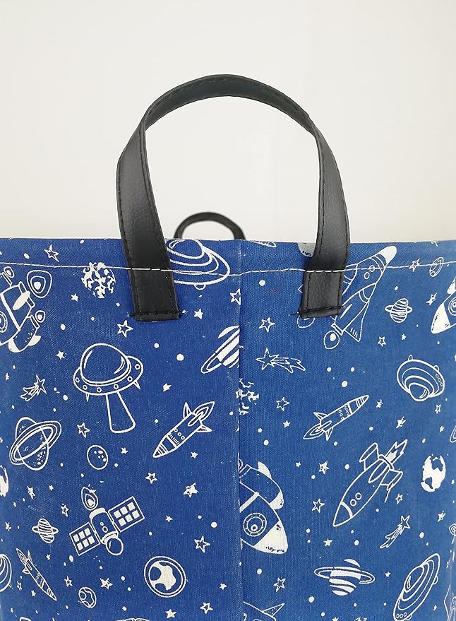 Kids Laundry Hamper Clothes Gift Basket Storage Laundry Baskets Organizer Bin with Handles for Nursery Room (Navy Spaceship)