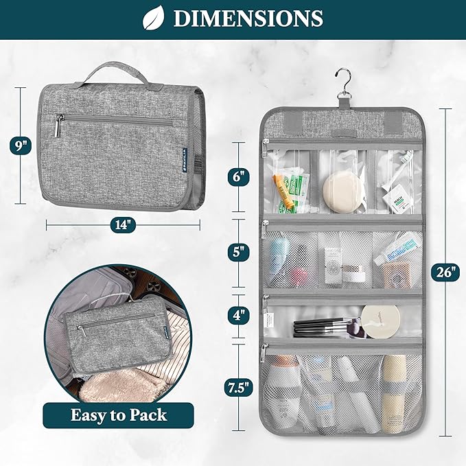 PAVILIA Hanging Toiletry Bag for Women Men, Large Foldable Toiletries Organizer with Hook, Water-Resistant Makeup Cosmetic Rollup Case, Clear Pockets for Bathroom, Gym, Cruise (Heather Grey)