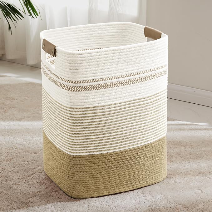 85L Tall Laundry Hamper with Handles for Living Room Storage, Extra Large Woven Rope Baskets Bin for Blanket, Kids Toy, Gifts, Wicker Hamper for Bedroom Dirty Clothes, 17"x14"x22" Khaki