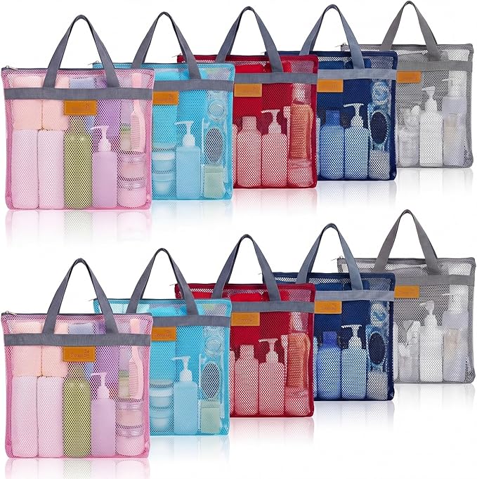 Tudomro 10 Pcs Mesh Shower Bag Caddy Tote Portable Quick Dry Tote Bag Lightweight Hanging Toiletry Bath Organizer for College Dorm Gym Swimming Beach Travel Games Sports (Gray Handle)