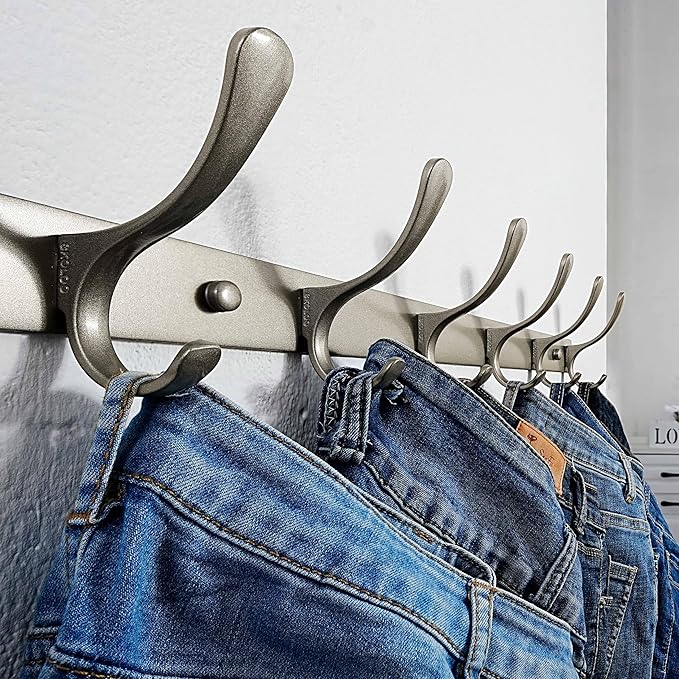 SKOLOO Coat Rack Wall Mounted - 6 Hooks, Heavy Duty, Stainless Steel, Metal Wall Hangers, Sturdy Coat Hooks for Hanging Coats, Jacket, Clothes, Hat, Matte Grey