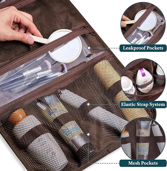 PAVILIA Hanging Toiletry Bag for Women Men, Large Foldable Toiletries Organizer with Hook, Water-Resistant Makeup Cosmetic Rollup Case, Clear Pockets for Bathroom, Gym, Cruise (Brown)